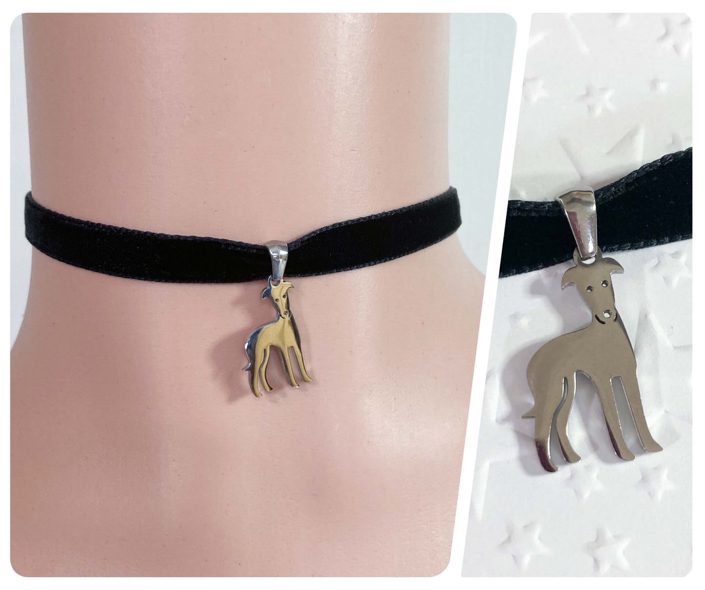 SILVER GREYHOUND WHIPPET SIGHTHOUND LURCHER STAINLESS STEEL CHARM BLACK VELVET CHOKER NECKLACE KEEPSAKE GIFT