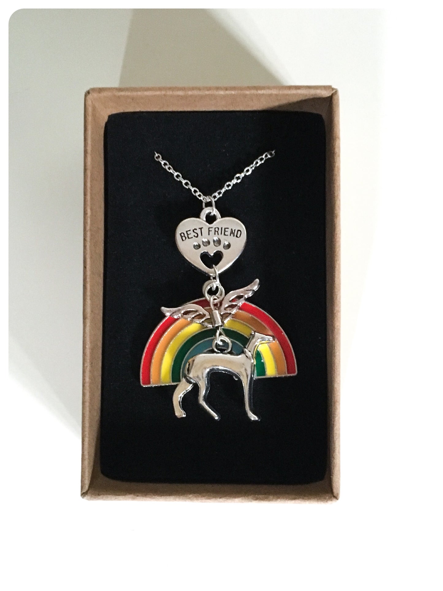 SILVER GREYHOUND WHIPPET SIGHTHOUND LURCHER CHARM NECKLACE CHAIN LOVE HEART PAW PRINT BEST FRIEND MEMORIAL PET BEREAVEMENT LOSS ANGEL RAINBOW BRIDGE KEEPSAKE GIFT