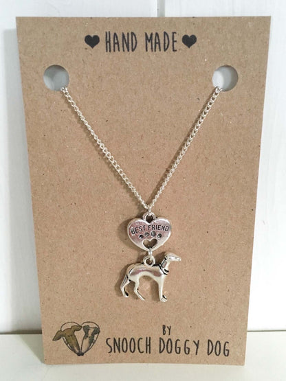 SILVER GREYHOUND WHIPPET SIGHTHOUND LURCHER CHARM NECKLACE CHAIN BEST FRIEND HEART KEEPSAKE GIFT