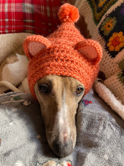 HANDMADE KNITTED WHIPPET SNOOD POINTY HOOD TEDDY BEAR EARS POM POM HAT