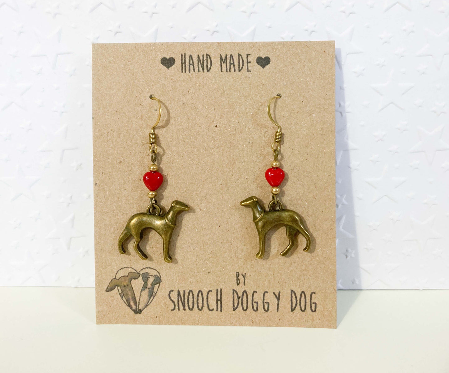 ANTIQUE BRASS BRONZE GOLD ITALIAN GREYHOUND WHIPPET SIGHTHOUND LURCHER EARRINGS CHARM RED CZECH GLASS LOVE HEART KEEPSAKE GIFT