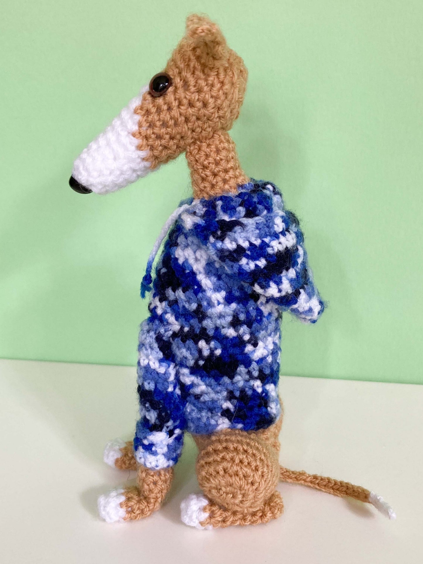 TAN WHITE CROCHET MINI WHIPPET GREYHOUND SIGHTHOUND ITALIAN GREYHOUND PLUSH  IN A KNITTED BLUE HOODIE KEEPSAKE MEMORIAL GIFT