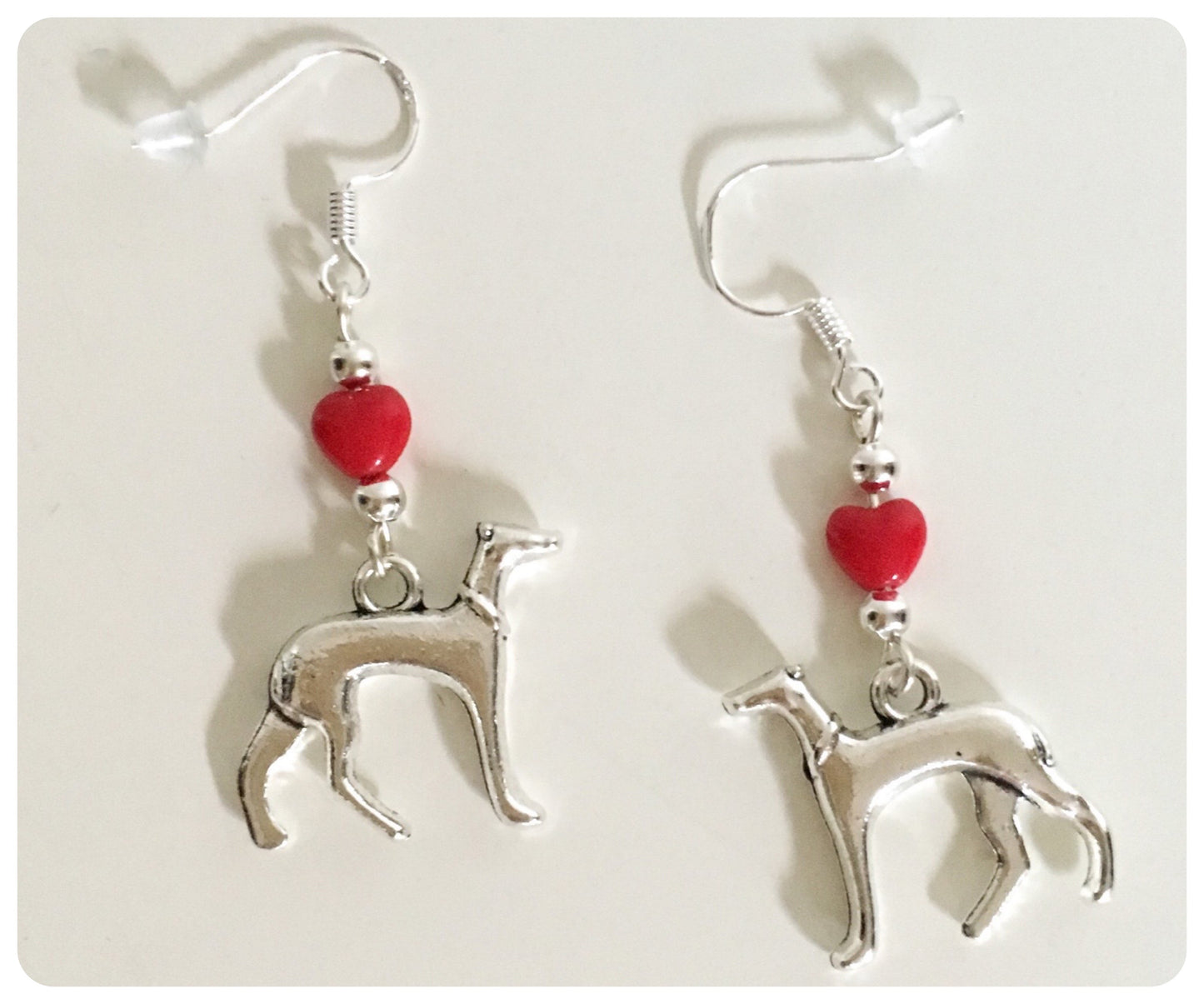 SILVER ITALIAN GREYHOUND WHIPPET SIGHTHOUND LURCHER CHARM EARRINGS RED CZECH GLASS LOVE HEART 925 STERLING STAINLESS STEEL KEEPSAKE GIFT