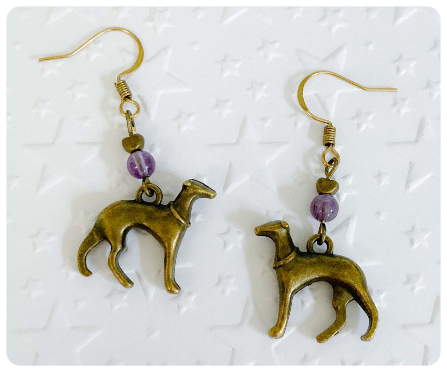 ANTIQUE BRASS BRONZE GOLD ITALIAN GREYHOUND WHIPPET SIGHTHOUND LURCHER EARRINGS NATURAL AMETHYST GEMSTONE CHARM LOVE HEART KEEPSAKE GIFT