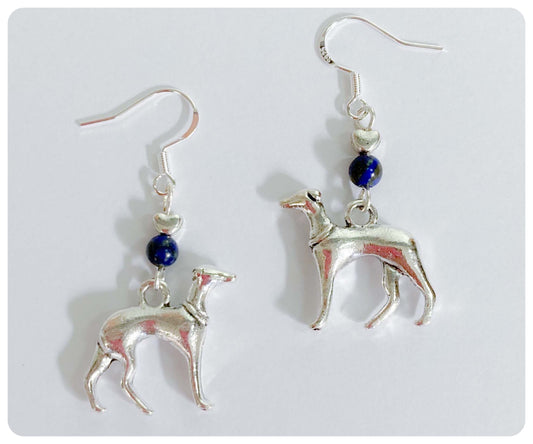 SILVER ITALIAN GREYHOUND WHIPPET SIGHTHOUND LURCHER EARRINGS NATURAL LAPIS LAZULI BLUE GEMSTONE 925 STERLING STAINLESS STEEL CHARM HEART KEEPSAKE GIFT