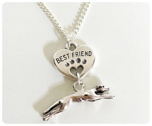 SILVER GREYHOUND WHIPPET SIGHTHOUND LURCHER CHARM NECKLACE CHAIN BEST FRIEND HEART KEEPSAKE GIFT