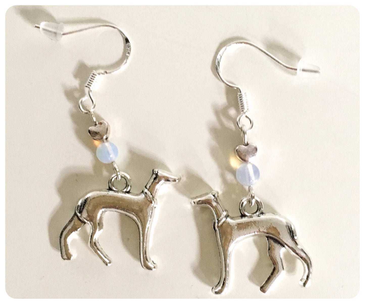 SILVER ITALIAN GREYHOUND WHIPPET SIGHTHOUND LURCHER EARRINGS NATURAL MOONSTONE GEMSTONE 925 STERLING STAINLESS STEEL CHARM HEART KEEPSAKE GIFT