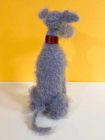 LIGHT GREY BLUE CROCHET MINI HAIRY SCRUFFY FUZZY HOUND MINI PLUSH DOG BEDLINGTON WHIPPET WOLFHOUND LURCHER DEERHOUND PLUSH KEEPSAKE MEMORIAL GIFT