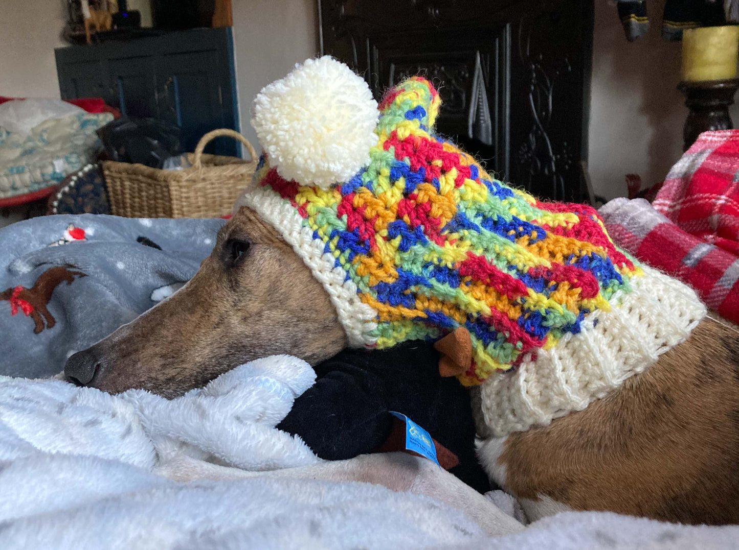 HANDMADE KNITTED WHIPPET SNOOD POINTY HOOD POM POM HAT