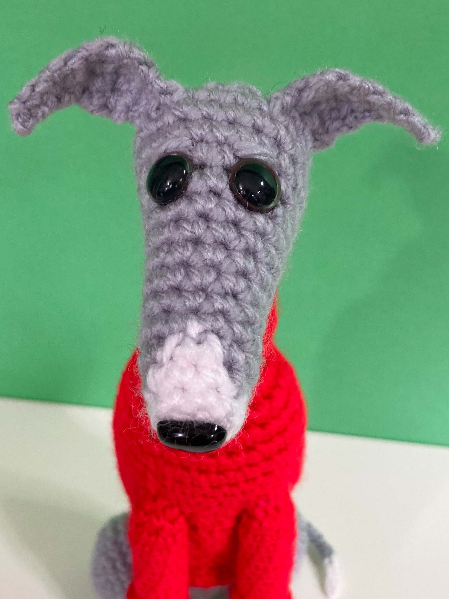 BLUE GREY WHITE CROCHET MINI WHIPPET GREYHOUND SIGHTHOUND ITALIAN GREYHOUND PLUSH  IN A KNITTED RED SWEATER KEEPSAKE MEMORIAL GIFT