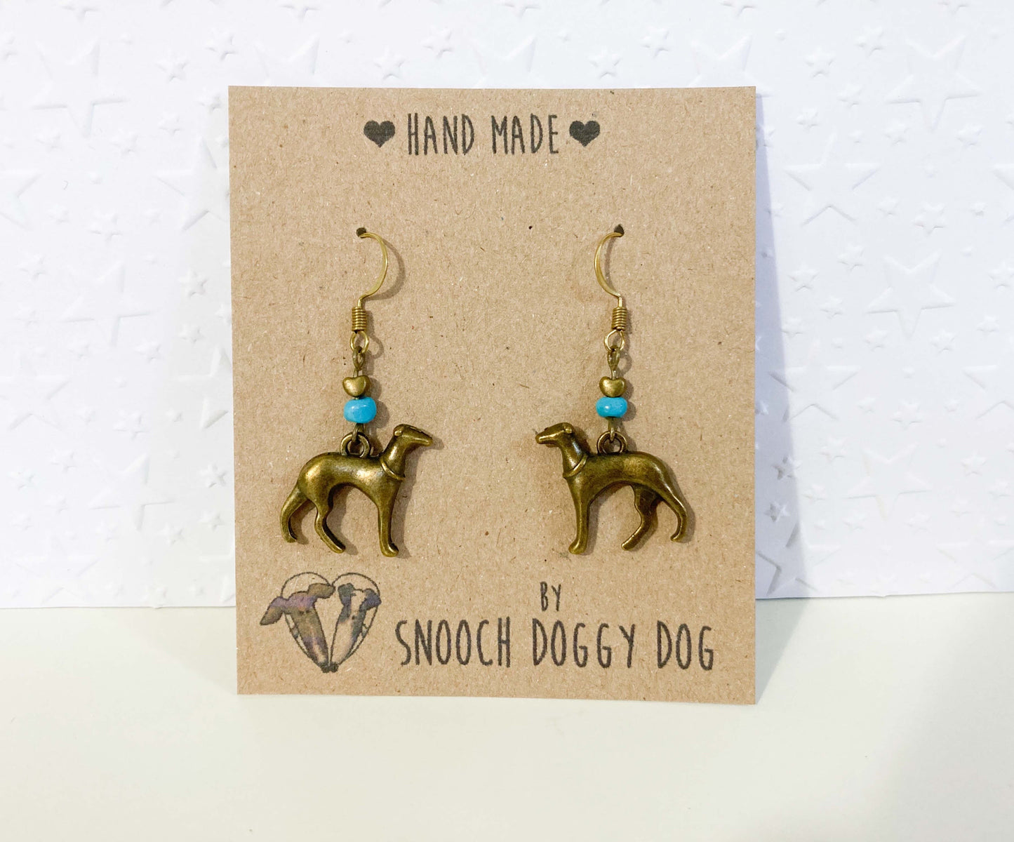 ANTIQUE BRASS BRONZE GOLD ITALIAN GREYHOUND WHIPPET SIGHTHOUND LURCHER EARRINGS NATURAL TURQUOISE GEMSTONE CHARM LOVE HEART KEEPSAKE GIFT