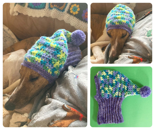 HANDMADE KNITTED WHIPPET SNOOD POINTY HOOD POM POM HAT