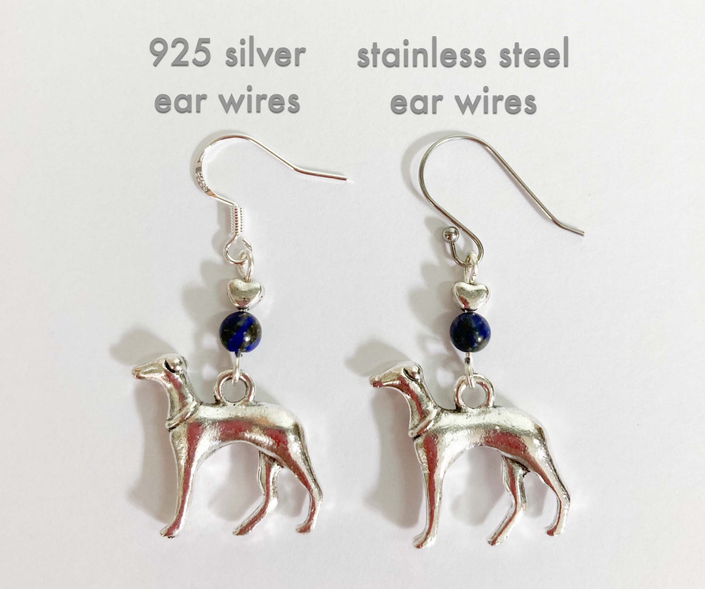 SILVER ITALIAN GREYHOUND WHIPPET SIGHTHOUND LURCHER CHARM EARRINGS RED CZECH GLASS LOVE HEART 925 STERLING STAINLESS STEEL KEEPSAKE GIFT