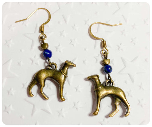 ANTIQUE BRASS BRONZE GOLD ITALIAN GREYHOUND WHIPPET SIGHTHOUND LURCHER EARRINGS NATURAL LAPIS LAZULI BLUE GEMSTONE CHARM LOVE HEART KEEPSAKE GIFT