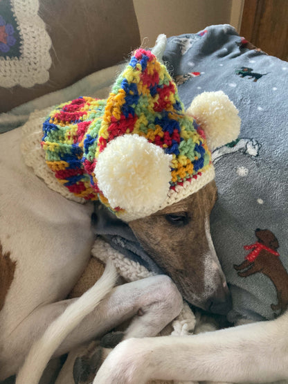 HANDMADE KNITTED WHIPPET SNOOD POINTY HOOD POM POM HAT