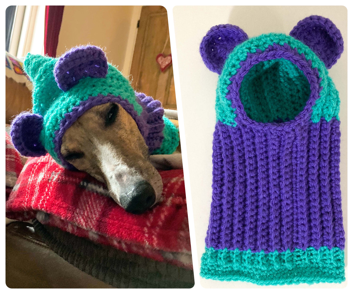 HANDMADE KNITTED WHIPPET SNOOD POINTY HOOD TEDDY BEAR EARS POM POM HAT