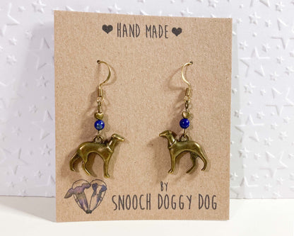 ANTIQUE BRASS BRONZE GOLD ITALIAN GREYHOUND WHIPPET SIGHTHOUND LURCHER EARRINGS NATURAL LAPIS LAZULI BLUE GEMSTONE CHARM LOVE HEART KEEPSAKE GIFT