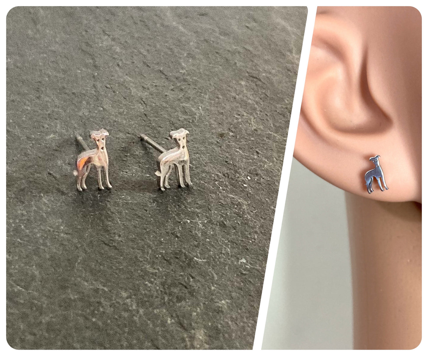 TINY CUTE SILVER GREYHOUND WHIPPET SIGHTHOUND LURCHER STAINLESS STUD EARRINGS KEEPSAKE GIFT BOX