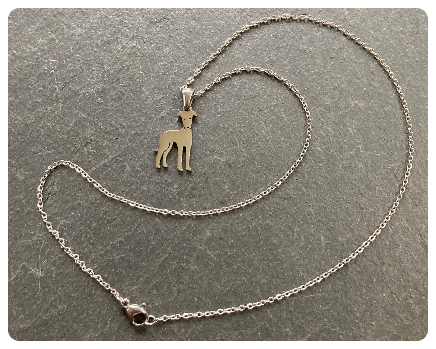 SILVER STAINLESS STEEL GREYHOUND WHIPPET SIGHTHOUND LURCHER CHARM NECKLACE CHAIN & TINY CUTE STUD EARRINGS SET KEEPSAKE GIFT