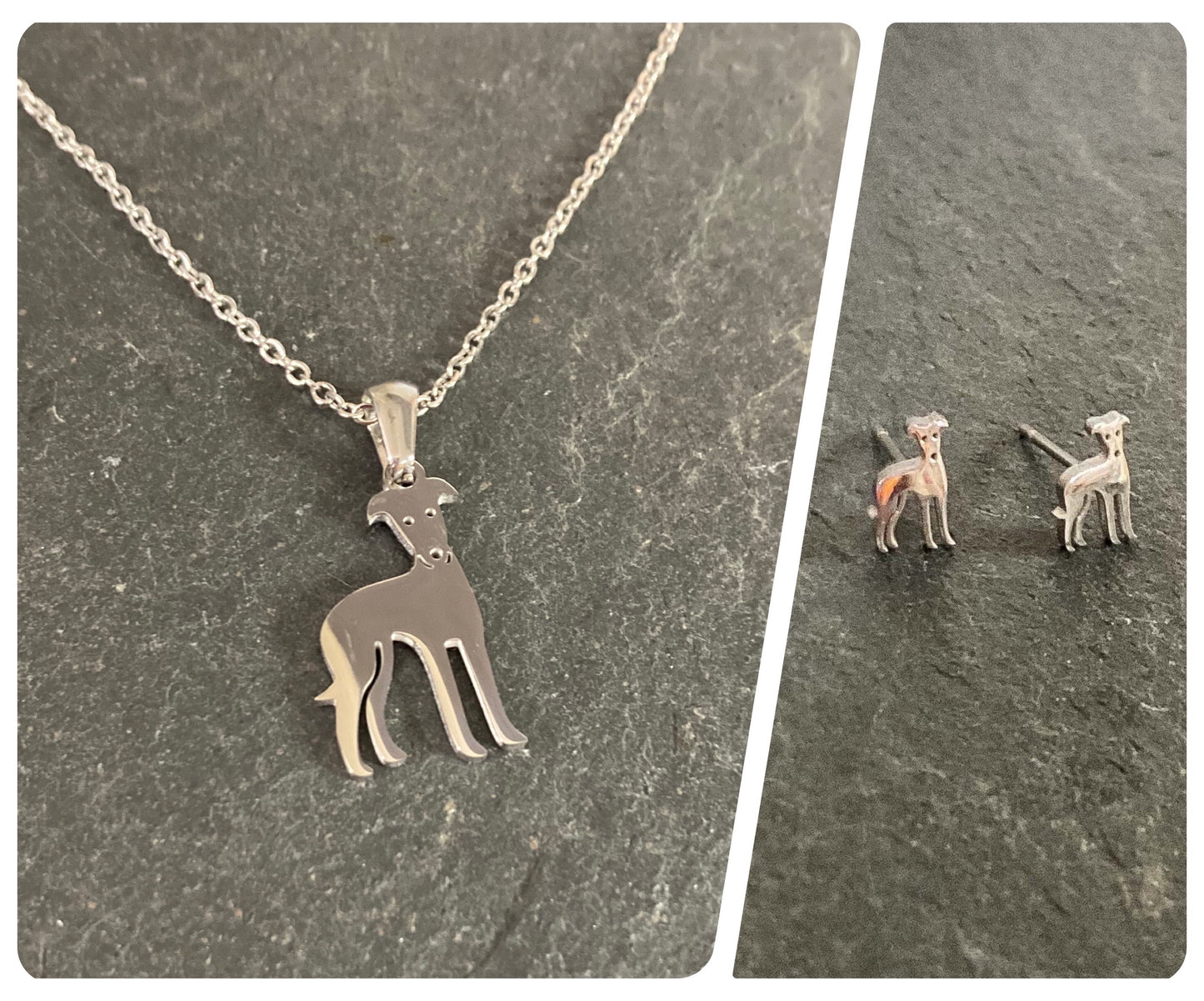 SILVER STAINLESS STEEL GREYHOUND WHIPPET SIGHTHOUND LURCHER CHARM NECKLACE CHAIN & TINY CUTE STUD EARRINGS SET KEEPSAKE GIFT